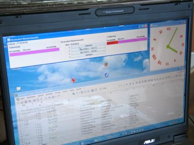 Der RgZm-Bildschirm für die elektronische Zugmeldung, die Modellzeituhr in der rechten Ecke.